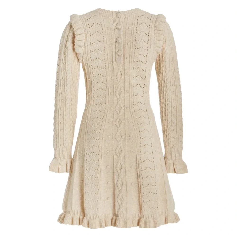 LoveShackFancy Zeke Womens Oatmeal Cable Knit Ruffle Mini Sweater Dress XS Cream - Picture 12 of 12
